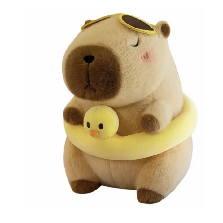 Capibara din Plus cu Colac de Plaja Si Ochelari, Pufos, Maro, 40 cm