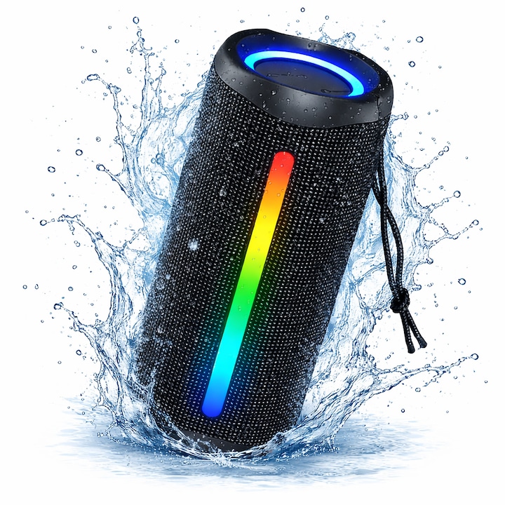 Boxa portabila Bluetooth POKKO 16W, boxa wireless cu lumini RGB, IPX5 waterproof, TWS stereo, baterie 1500 mAh, autonomie 10h, USB-C, negru
