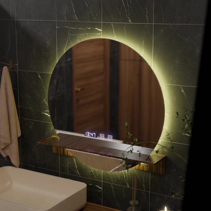 Oglinda LED Touch Alfred, 60x60cm, Alb, Sistem Dezaburire, Ceas si Temperatura, Cu Suport Integrat