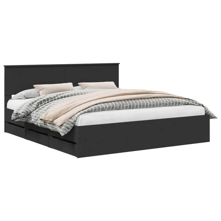 Cadru de pat vidaXL Negru 203x203cm, Lemn Ingineresc, cu sertar, Design Modern