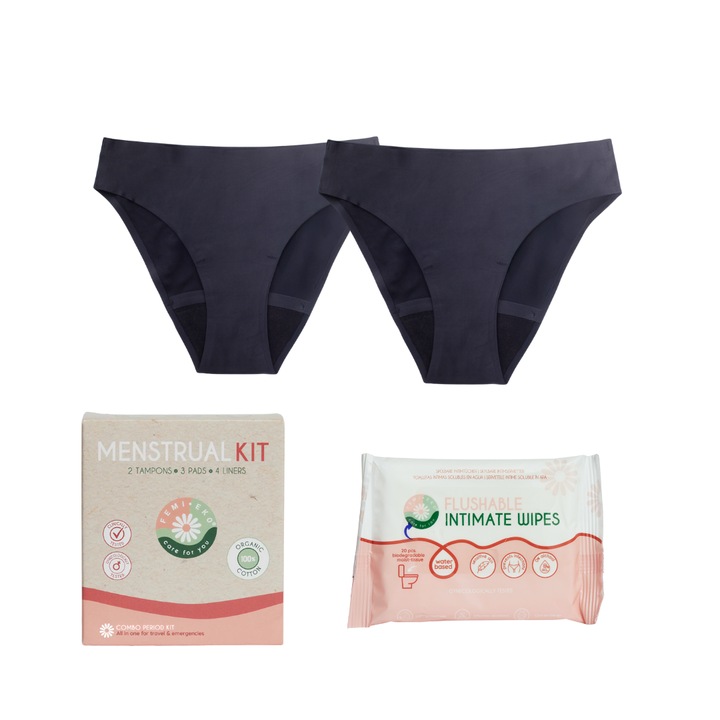 Комплект за менструация Femieko, Party Safe, 2x Безшевни менструални бикини, размер M, 1x Менструален комплект, 1x Мокри кърпички