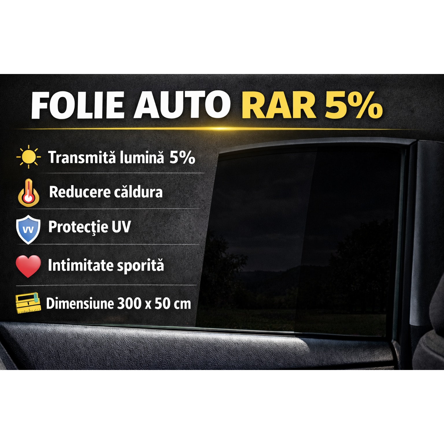 30 Rar Folie auto Trimmer neagra 5%, omologata RAR, 300×50 cm, protectie ...