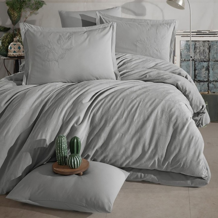 Премиум спално бельо за двойно легло с бродерия, 100% памук жакард ранфорс, 6 части, 240x260 см, CLASY Home, Марлет V5 сив