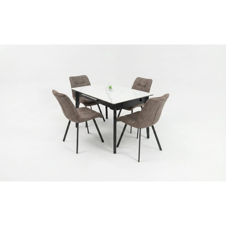Set Masa Living Extensibila KJT4711-1 Alb cu 4 Scaune DCM1801CF Maro