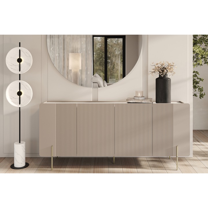 Comoda 200 cm Malmi cashmere crema bianca picioare aurii fronturi din MDF riflat