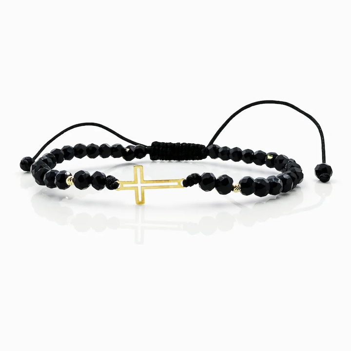 Bratara cu cruciulita si bilute din aur 14k, cristale colorate, reglabila