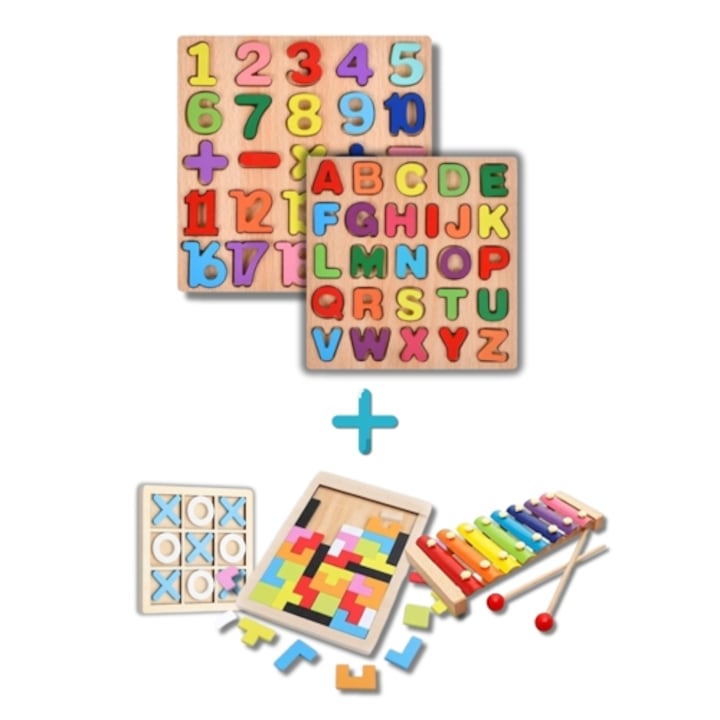 Pachet activitati extra educative din lemn pentru copii, tabla alfabet, tabla numere si operatii, joc X si 0, puzzle Tetris si xilofon, Dactylion®
