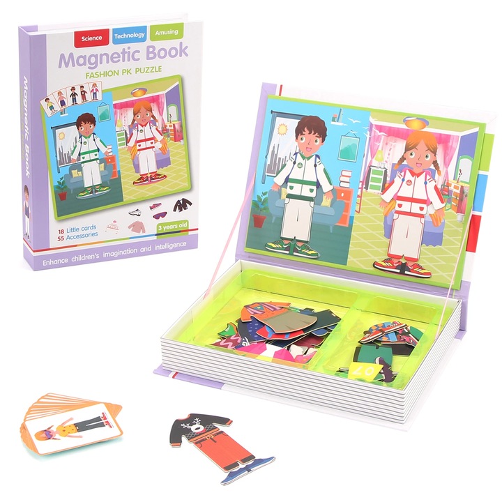 Carte magnetica educativa Puzzle, Moda/Fashion - Magnetic Book, 55 piese magnetice - accesorii, 18 carduri model, Portabila si Compacta, Dezvoltare Creativitate si STEM, +3 Ani