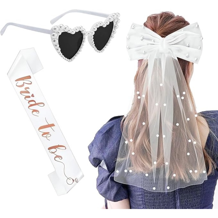 Set accesorii pentru petrecerea burlacitelor, Bride to be, Accesoriu pentru par voal, Panglica, Ochelari de soare cu perle, Pentru petrecere de mireasa, nunta, Alb