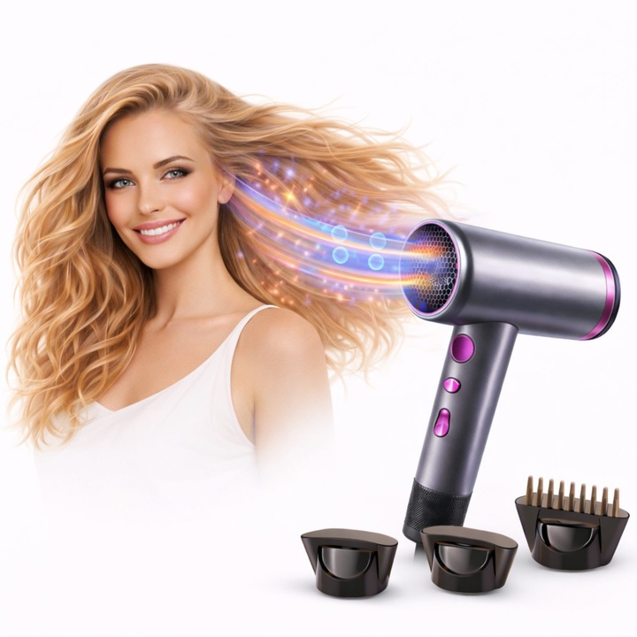 Професионален сешоар EVONTECH, 2000W, 3 степени на температура, 3 скорости, 3 включени накрайника, сребрист