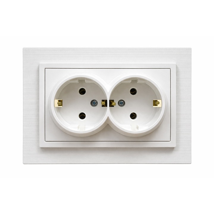 Priza Schuko dubla, 16A, alba Titan, incastrata, 2 prize