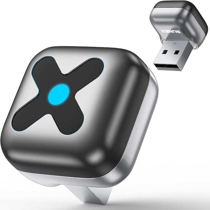 Adaptor Wireless CarPlay & Android Auto Runex®, pentru Masina, 5.8GHz, Bluetooth 5.4, Auto-Reconectare Rapida, Fara Latenta, Plug & Play, Compatibil iOS & Android, 1000+ Modele Auto, Siri/Google Assistant, Actualizari OTA, Negru