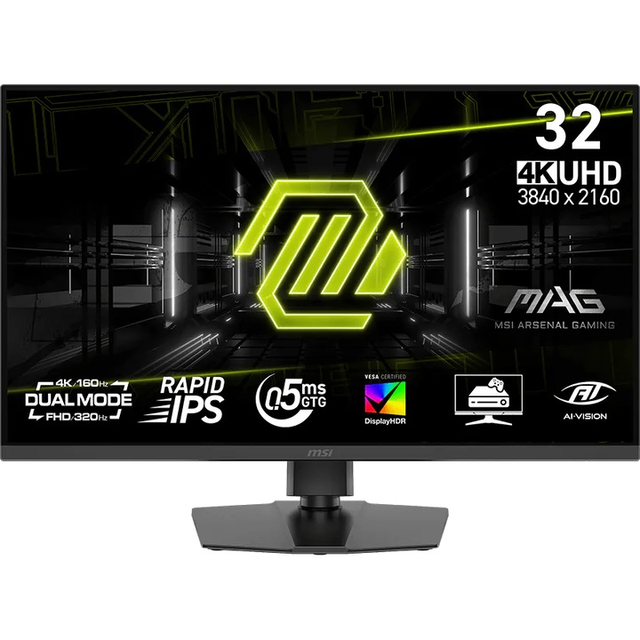 Монитор Gaming MSI MAG 322URDF E16, 31.5", Dual mode 4K (3840 x 2160) 160Hz / FHD (1920 x 1080) 320Hz, Fast IPS, 0.5ms GtG, AMD FreeSync™ Premium, VESA DisplayHDR 400, HDMI, Display Port, Черен