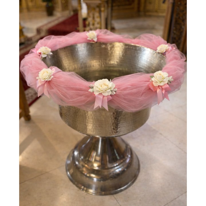 Tull decor cristelnita, cu flori albe, 3M, roz pudrat, Recostore®, REC5014/2