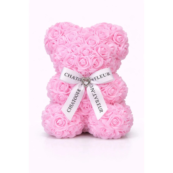 Ursulet din trandafiri artificiali roz deschis din spuma poliuretanica, in cutie transparenta, 23 cm
