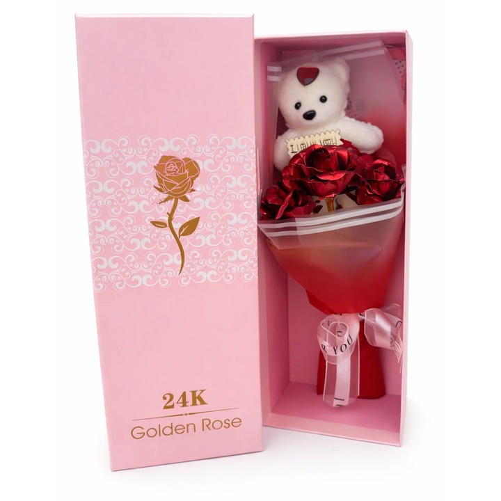 Cutie cadou cu trandafiri din sapun si urs de plus, tip buchet, 24K Golden Rose, 26 x 9 x 6 cm