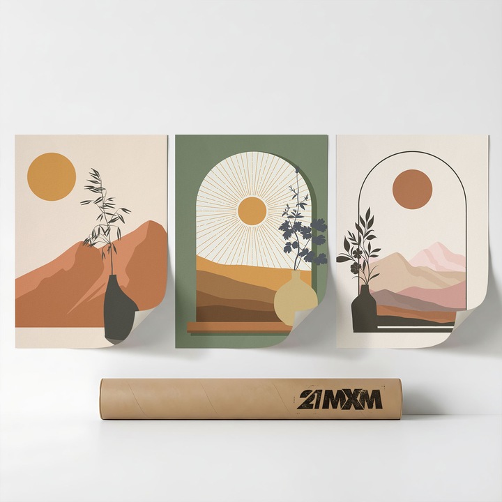 Комплект от 3 декоративни бохо плаката 'Слънце-Луна-Небесни 2', текстилен материал, 21MXM, A3 (29.7 x 42 см), без рамка