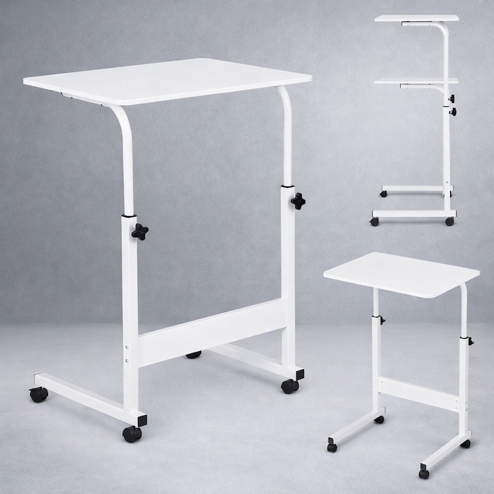 Masa Birou Mobila pentru Laptop, Alb, Reglabila pe Inaltime 65–89 cm, cu Roti si Blocare, Blat MDF, Cadru Metalic