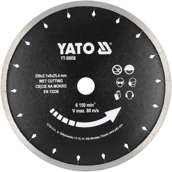 Disc diamantat YATO 250mm, 25,4mm, pentru ceramica si gresie, 2,1mm grosime, 8mm inaltime