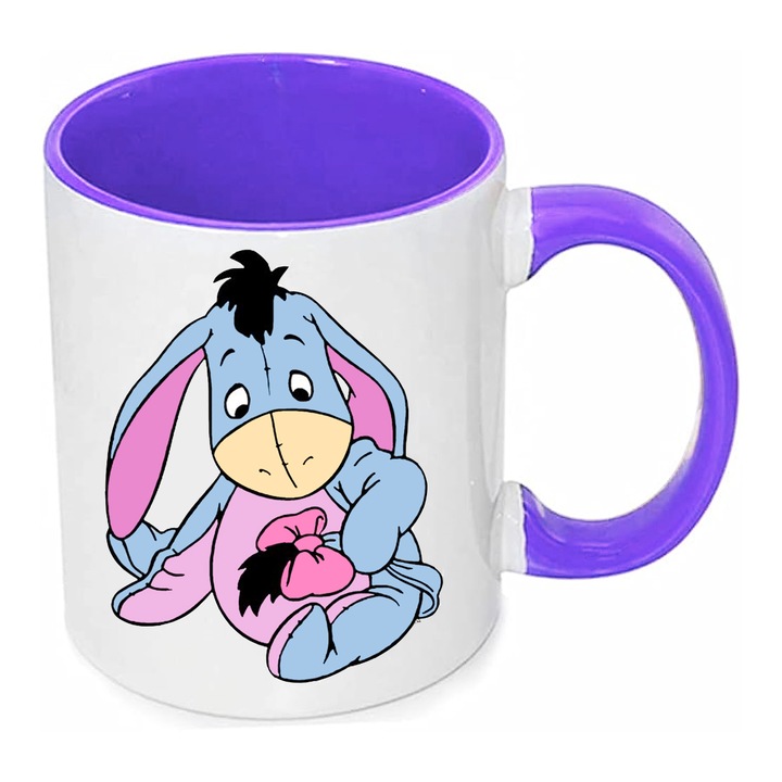 Cana ceramica Winnie the Pooh 330ml, design alb si mov, capacitate 330ml, rezistenta la masina de spalat vase