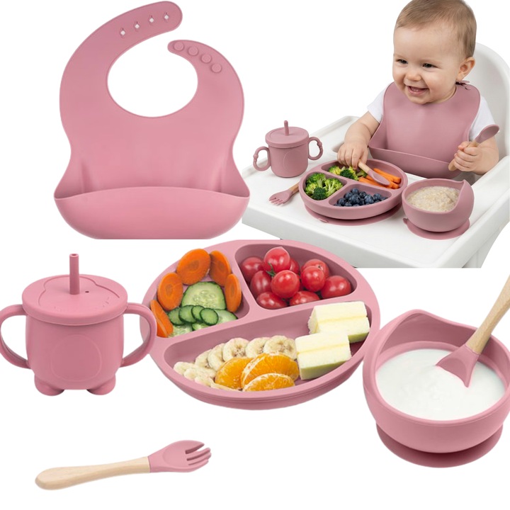 Set Hranire Bebelusi din Silicon 6 Piese Kaylia - Farfurie Compartimentata si Bol cu ventuze, Lingurita si Furculita, Cana, Baveta, Ideal pentru Diversificare, Roz Inchis