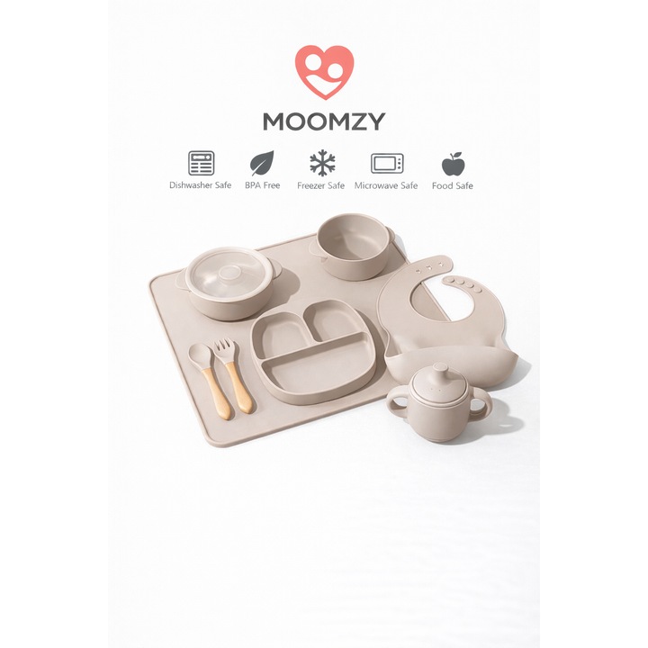 Set diversificare bebelusi 7 piese silicon premium MOOMZY universal, crem
