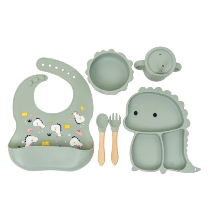 Set 6 piese hranire bebelusi din silicon alimentar premium – model dinozaur verde, Brivoo®