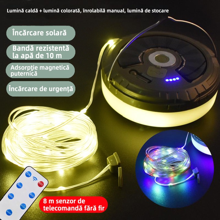 VeniSymlis® Lampa de camping solara cu banda LED 10 m, telecomanda wireless 8 m, rezistenta apa, incarcare USB-C si solara, functie power bank, 5 trepte intensitate, carlig metalic si magnet, afisaj baterie, pentru corturi si exterior