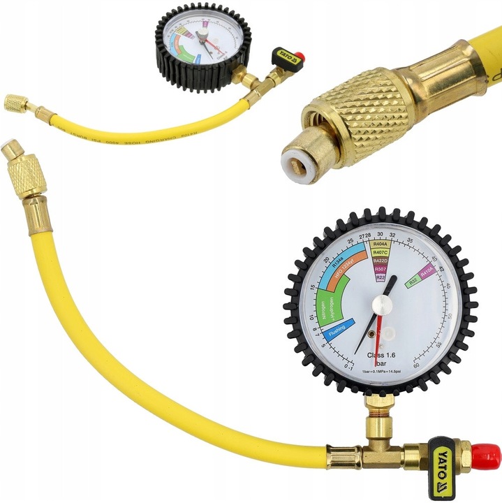 Set profesional pentru controlul etanseitatii sistemelor de climatizare Yato, manometru 80mm, furtun 200mm, G1/4 SAE