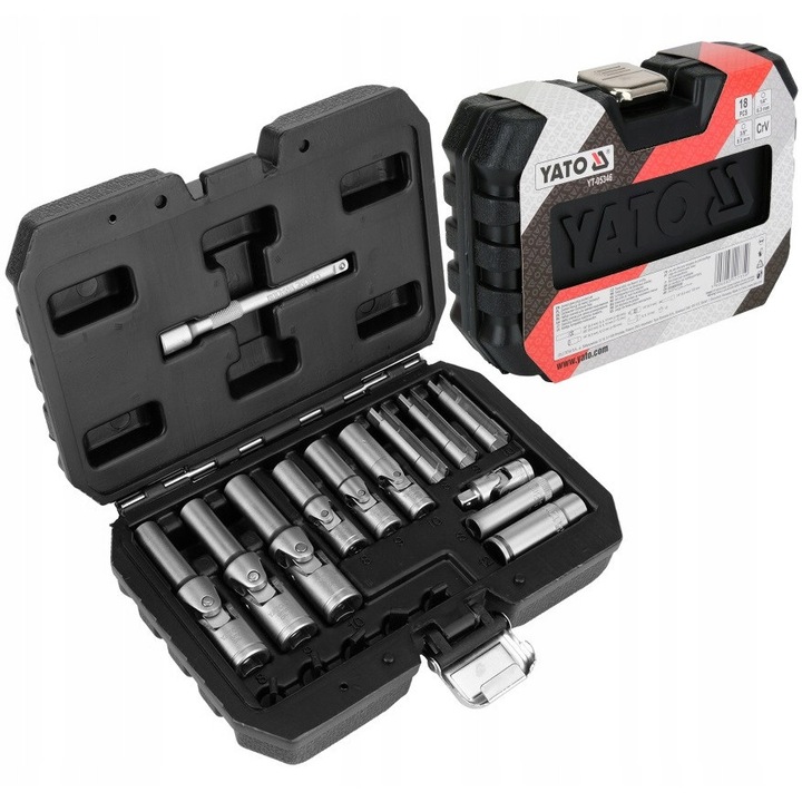 Set chei pentru bujii Yato 18 piese 1/4" 3/8" CrV 8-12mm