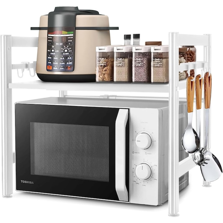 Метален рафт за микровълнова печка, Simply Joy, 6 кукички, регулируем, разтегателен рафт органайзер, за кухня, дом, балкон, регулируема етажерка на 2 нива, лесен за инсталиране, против приплъзване, универсален, бял