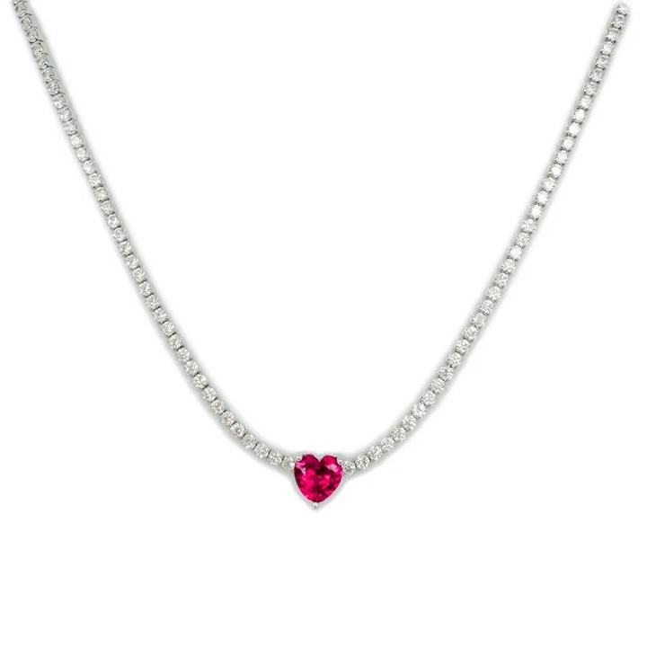 Colier Tennis NE004722, argint 925, placat cu rodiu, lungime lant 35+5cm, inima rosie 7mm, cristale 1.5mm