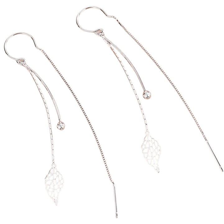 Hosszú női fülbevaló, levél mintás, ezüst színű, fém
