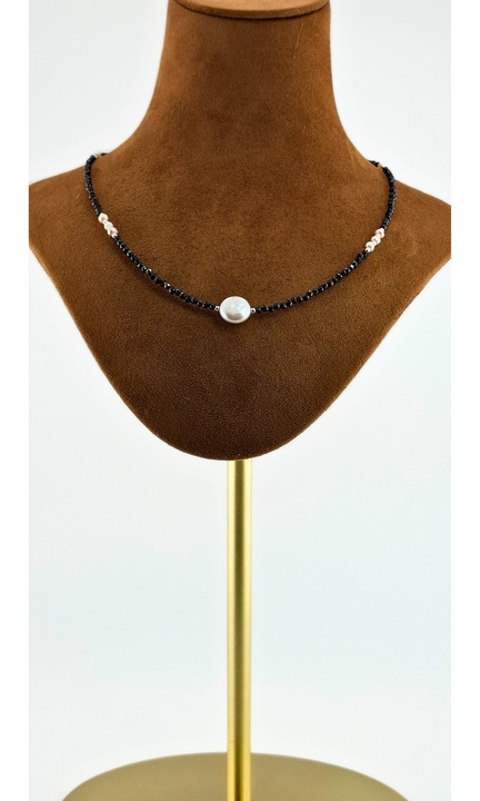 Колие, филиморфия, с елементи от Сребро 925 и Култивирана Перла, Черен Турмалин