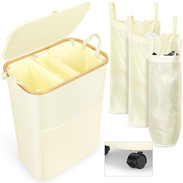 Cos pentru rufe 145 L cu roti si capac Wuciray, 3 compartimente, pliabil, culoare alb