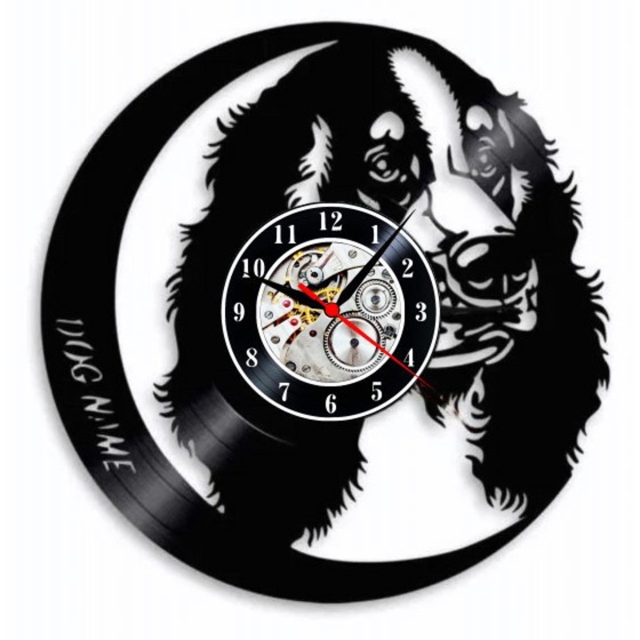 Dekoratív falióra, kézzel készített bakelitlemezből, spániel kutya profil design, személyre szabható, 30 cm, fekete