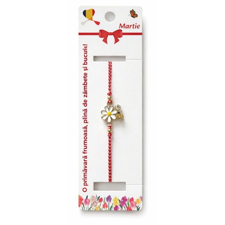 Brățară Martisor, margaretă decorativă, snur roșu și alb, ajustabil, ambalaj tematic