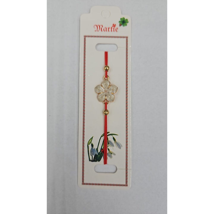 Brățară tradițională, trifoi roșu cu contur auriu, șnur alb-roșu, reglabil