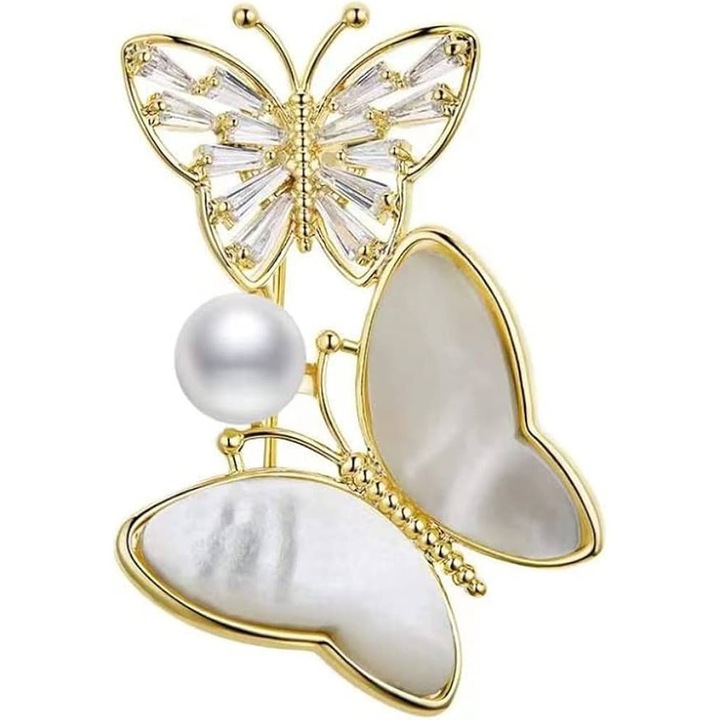 Brosă bronsa cu fluture, set, incrustată cu perle și zirconiu, 5x5cm