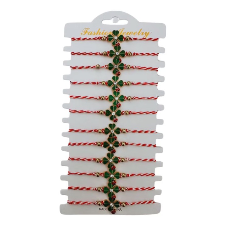 Set 12 martisoare tip bratara trifoi cu patru foi impachetate individual dimensiune reglabila, snur rosu