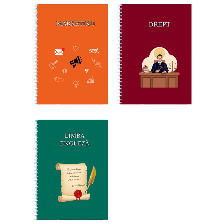 Set 3 caiete, Caiet Studentesc cu spirala, personalizat Marketing, Drept, Limba Engleza, Foi veline, 100 File, A4