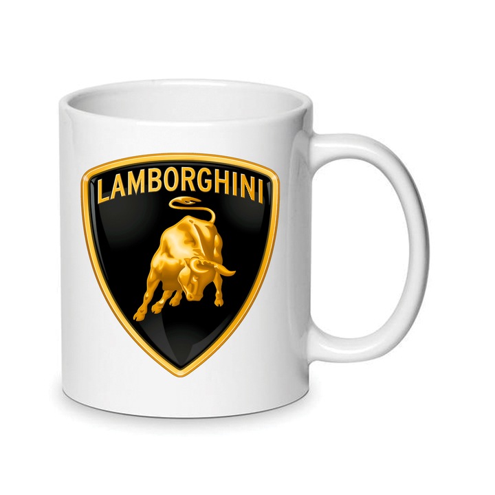 Cana din portelan Lamborghini 330ml, design iconic, alb, rezistent la masina de spalat vase