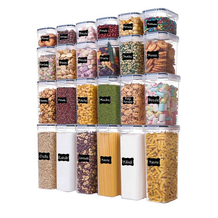 Set 24 recipiente pentru depozitare alimente NEXTLY, etanșare puternică, material PP fără BPA, dimensiuni 0.8x1.2x1.6x2.4 L, transparent