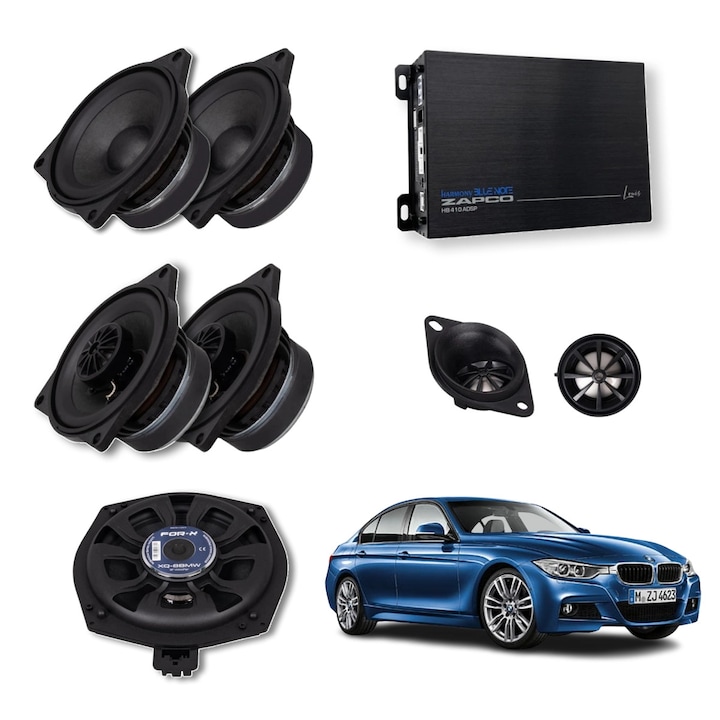 Pachet sistem audio Plug&Play For-X dedicat BMW Hifi XQ-40C XQ-402BMW + Amplificator Zapco HB 410 ADSP + Conectica dedicata