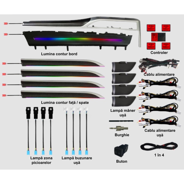 Lumini ambientale dedicate Toyota Highlander 2015-2021 RGB Acrilice 18 in 1 Dinamice cu efect symphony Control din Aplicatie Bluetooth / Buton