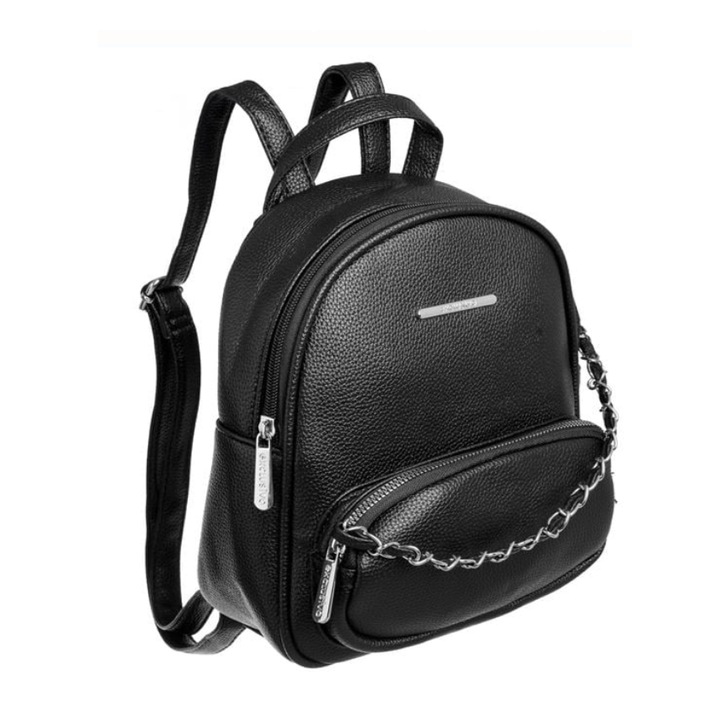 Rucsac Exclusivo Dama Negru, cu Lant si Fermoar Argintiu, 21x8x23cm