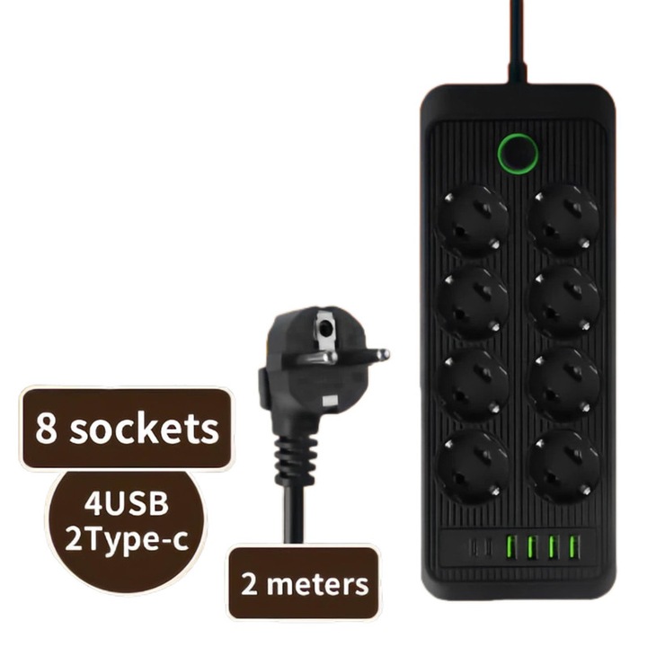 Priza multipla, design cu opt prize, patru porturi USB, doua porturi Type-C, cablu de 2 metri, design rezistent la copii, protectie impotriva scurgerilor de curent, negru