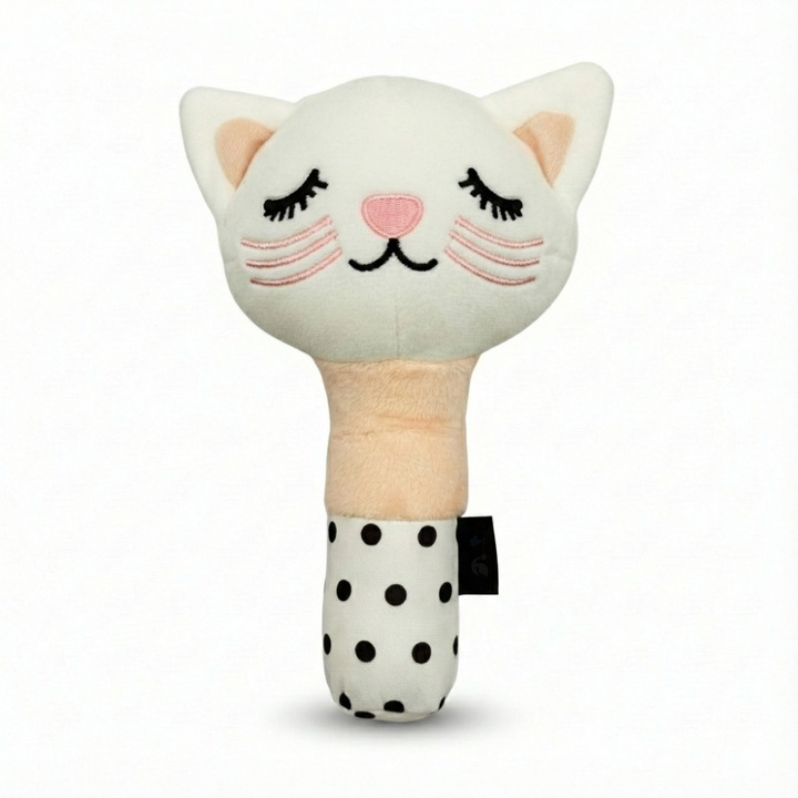 Bocioland macska bébi csörgő, 16 cm, kontrasztos színek, plüss anyag