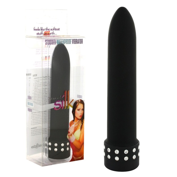 Vibrator clasic Seven Creations, Diamond Silk Vibe, negru, 13x2,5cm, cu diamante