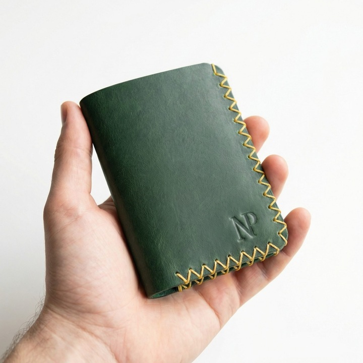 Portofel barbati Natty Pell, design slim, cusaturi manuale cu ata galbena, compatibil buletin, verde